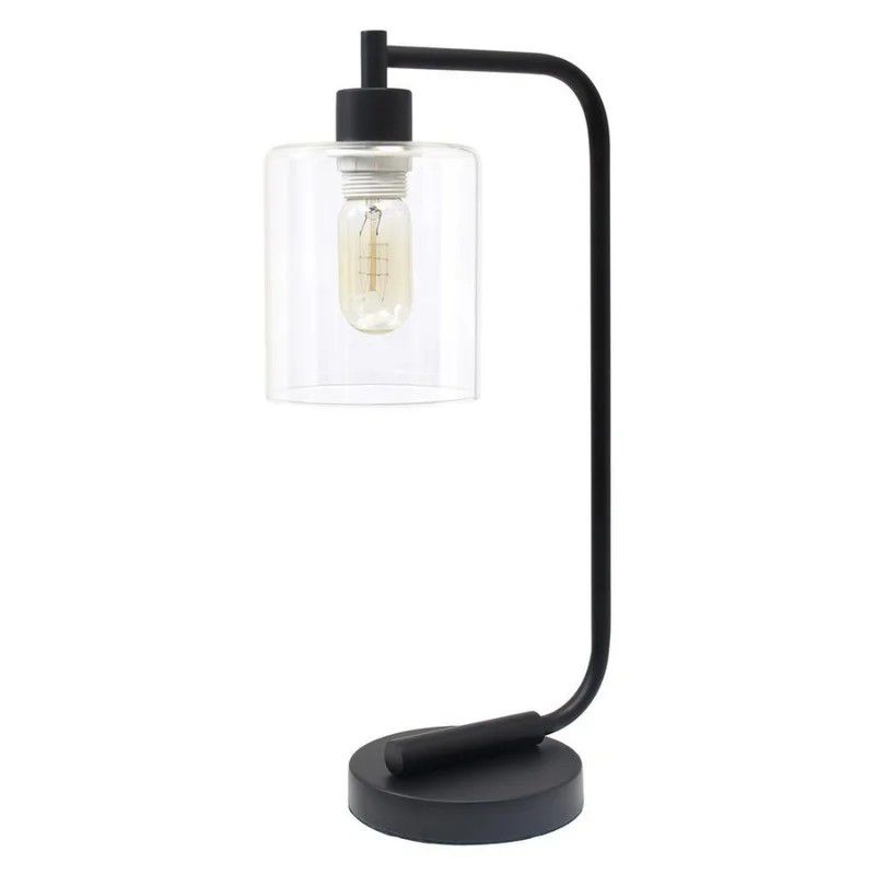Bronson Antique Style Black Industrial Iron Lantern Desk Lamp with Glass Shade