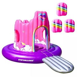SWIMLINE Giant Inflatable Unicorn Castle Pool Float For Kids And Adults Size| Floating Kingdom Raft Lounger Combo With Gate Shield Windows & Accessor