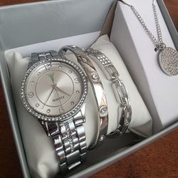 Women's Silver Tone Watch and Jewelry Gift Set