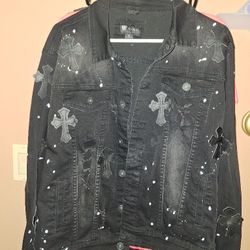 Leather Cross Black Wash with white paint slash Denim Jacket size medium $30