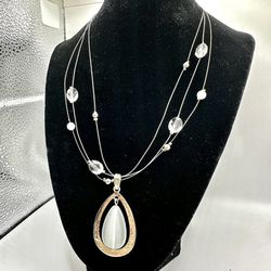 15-18" Silver and White Tiger Eye Shine Pendant Necklace Crystal