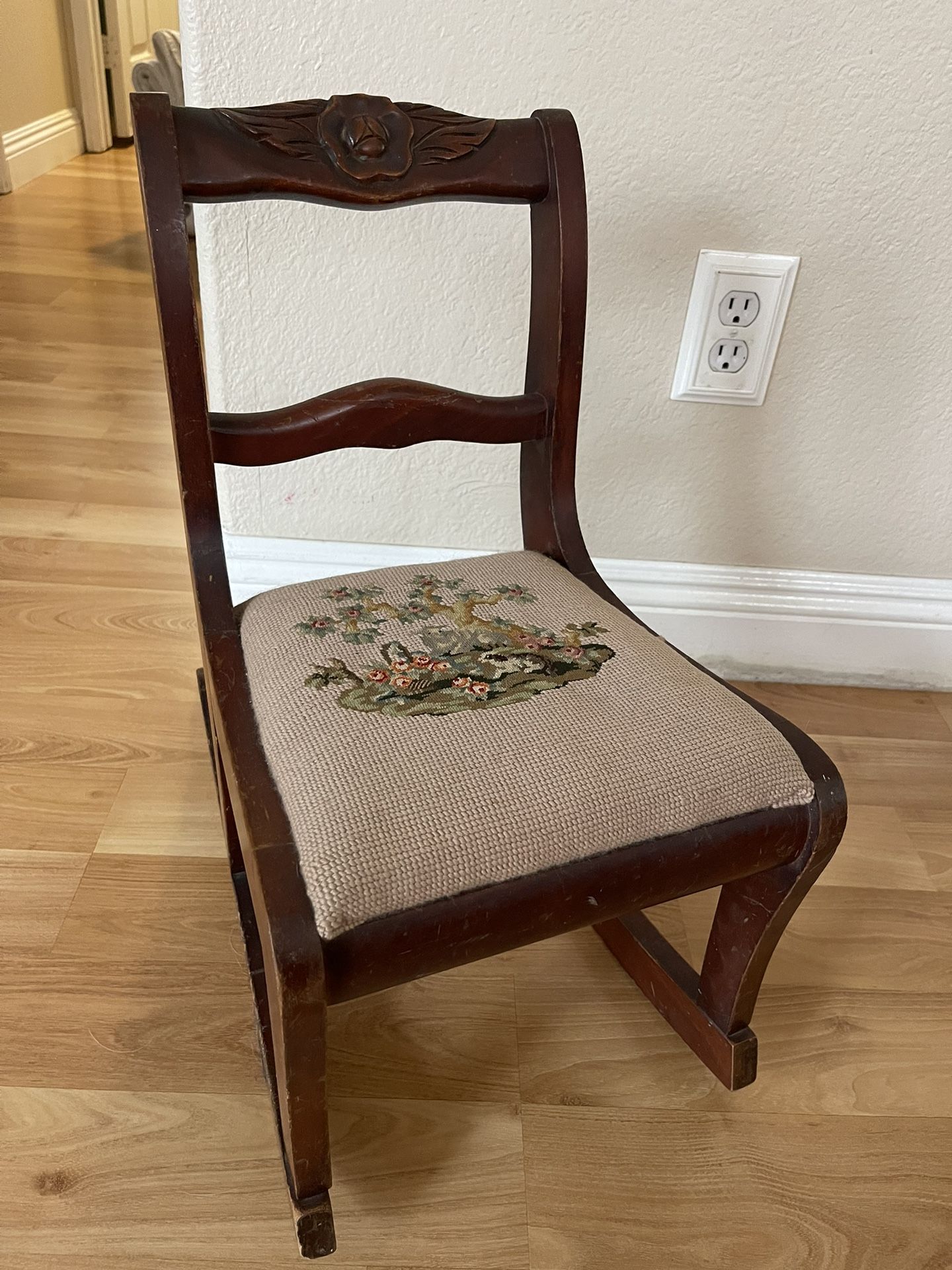 Child’s Antique Carved Wooden Rocking Chair With Needlepoint