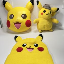 Pikachu Hat Pokemon Detective Pikachu Plush Stuffed Animal With Cap Hat Yellow 9" Very soft mask has cracks.  Details in photos 