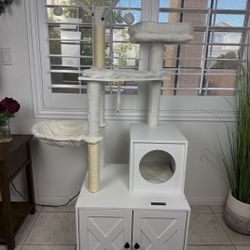 🐱🤍 NEW - Modern 2-in-1 Cat Tree & Hidden Litter Box Enclosure – Cloud White! 🤍🐱
