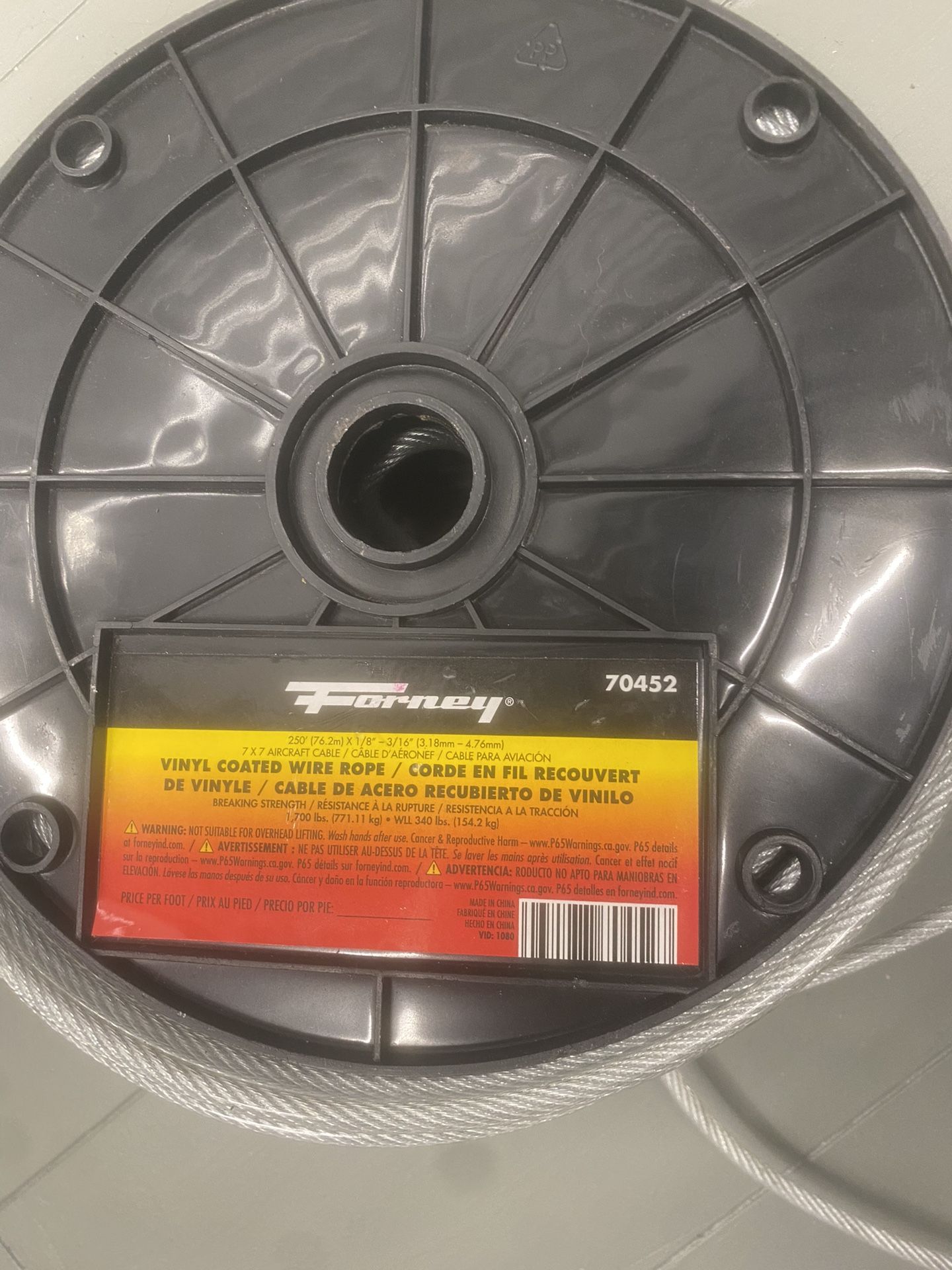 WIRE ROPE, VINYL COATED, 1/8 IN - 3/16 IN X 250FT SPOOL