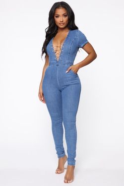 Medium Wash Denim Lace-Up Jumpsuit
