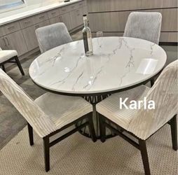 Elegant ‼️5-pc Round Dining Table Set White Marble Table Top And Ivory Corduroy Fabric Material 