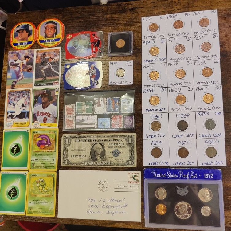 Junk Drawer Lot with Rare Coins, Sports/Pokemon Cards, Stamps, Notes & More!