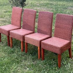 Set Of 4 Wicker Rattan And Wood High Back Dining Chairs