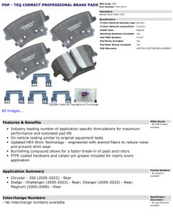 Brake pads for Chrysler or Dodge charger, challenger, or magnum