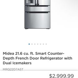 Midea Counter-Depth 21.6-cu ft 4 -Door Smart Compatible French Door Refrigerator with Dual Ice Maker