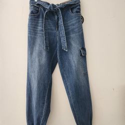 Dollhouse Woman's Denim Tie-Waist Cargo Jogger Jeans Size: 9/10 Color: Blue 