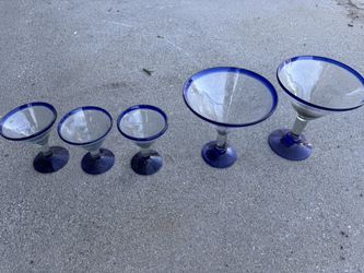 Set Of 5 Blue-Rimed Margarita glasses