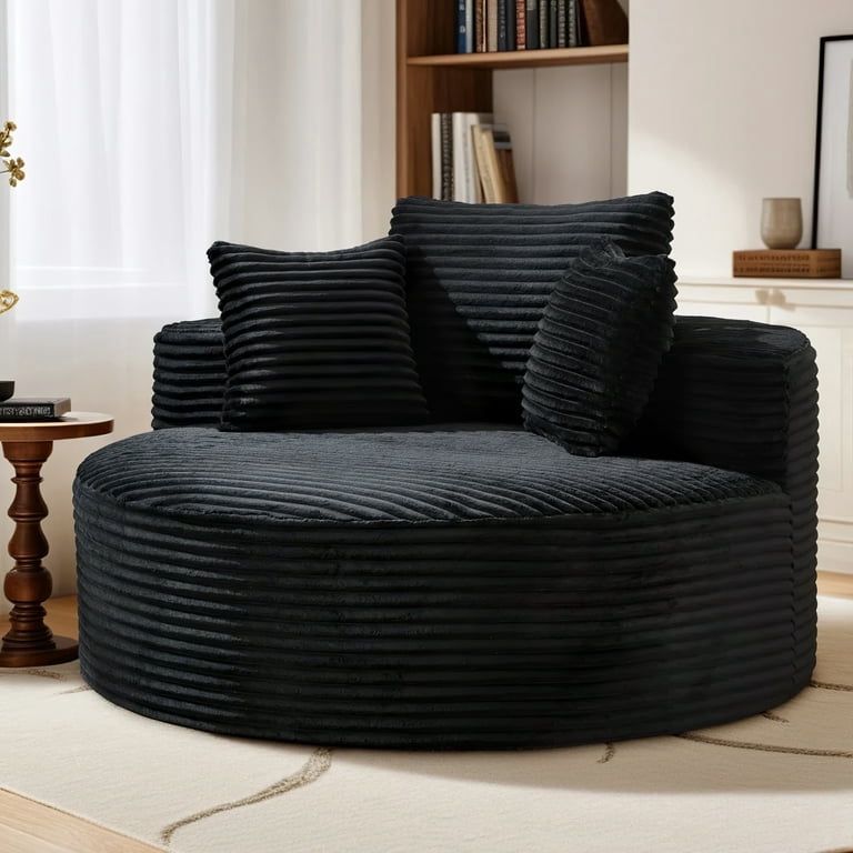 NEW Aukfa Oversized Round Chaise Longue Chair Indoor, 56-inch Upholstered Corduroy Deep Seat Circle Cloud Sofa Chair, Black