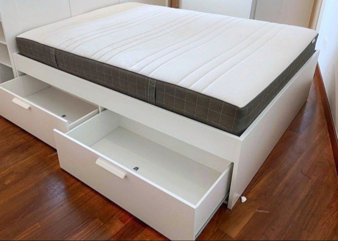 Excellent Queen Ikea Brimnes Storage Bed Frame with 4 Drawers and Ikea Haugesund Mattress