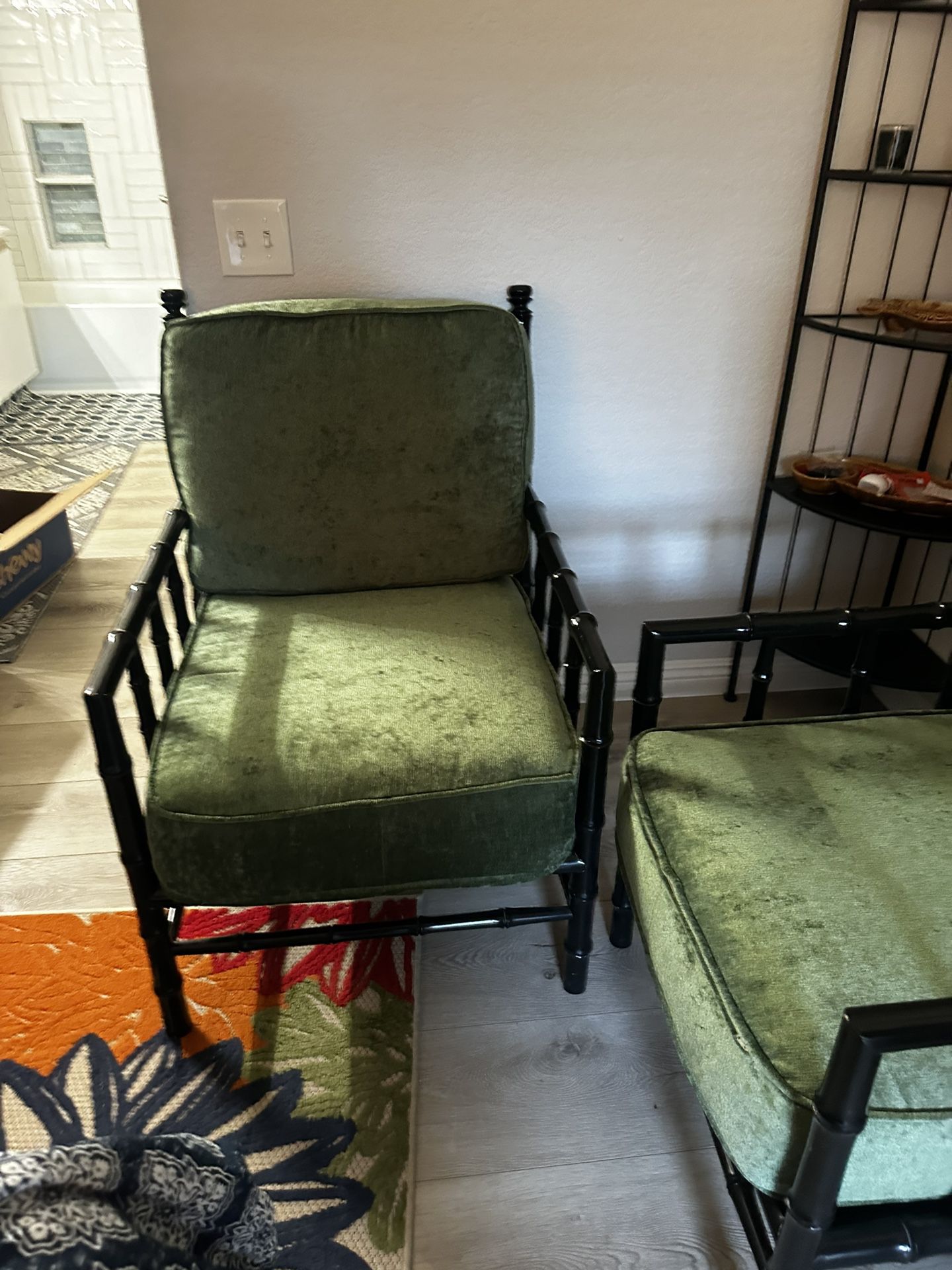 Two Black Rattan Chairs with Green Velvet Cushions