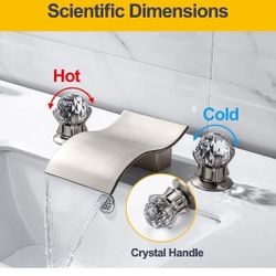 DEOLER Waterfall Bathroom Sink Faucet, Deck Mounted Widespread 8 Inch 3 Hole Solid Brass Bathtub Filler Faucet Modern Two Crystal Knob Vanity Basin Mi