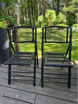 Beautiful Vintage Chinoiserie Black Painted Bamboo & Wood Folding Chairs
