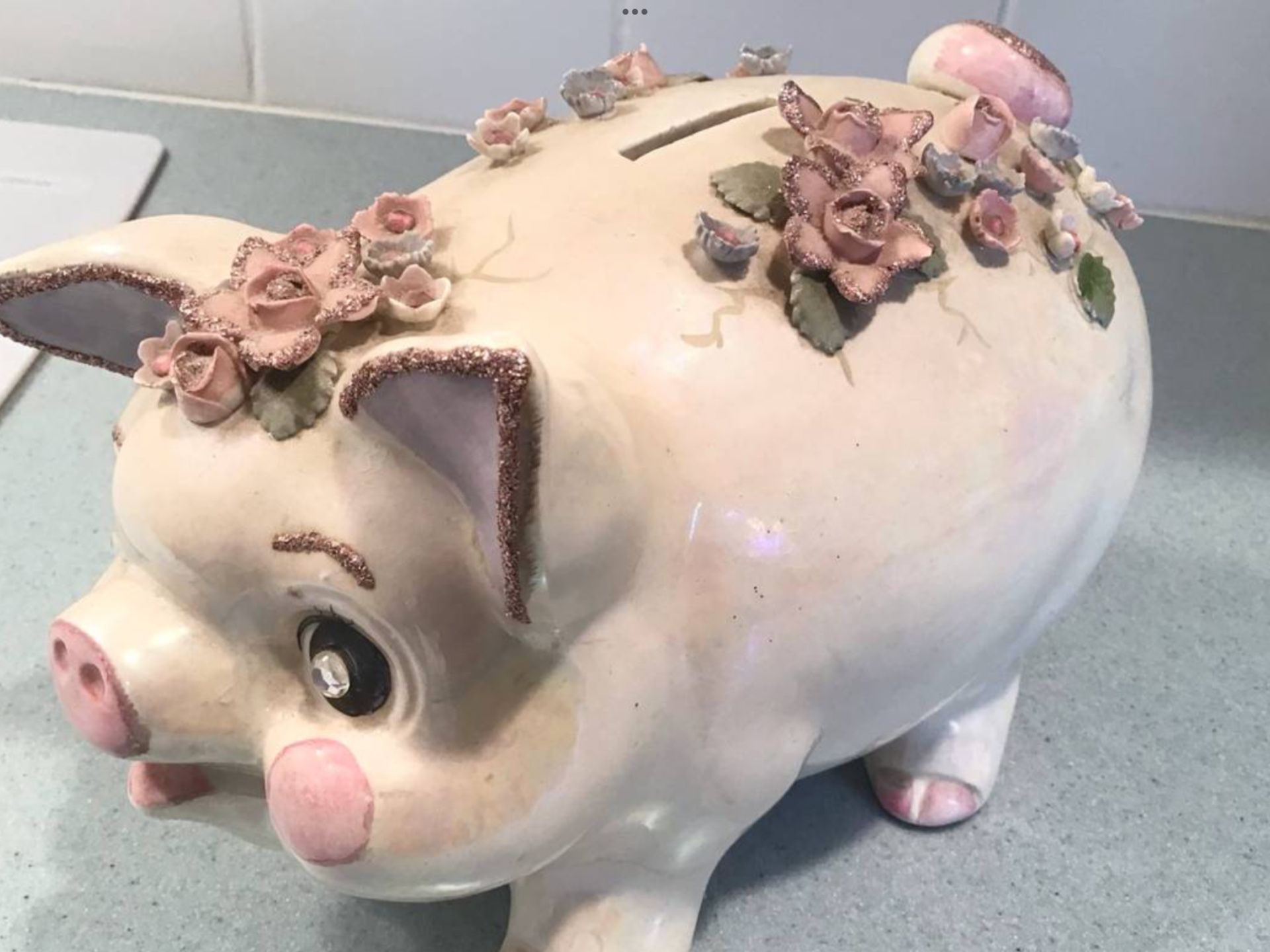1961 Iridescent Pearl Porcelain Large Piggy Bank Applied Flowers