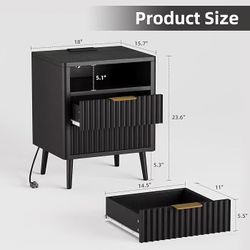 🥨Nightstand with Charging Station, 2 Drawer Bedside Table, 18" Modern Wood Side Table with Storage, End Table for Bedroom, Curved Profile Black