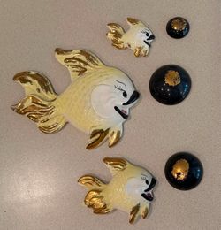 Vintage 1950s Deforest Yellow & Gold Fish Mid Century Kitsch Set of 6 Ceramic Wall Art