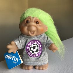 Vintage 1986 Norfin Troll Soccer Fan Shirt Neon Green Hair Brown Eyes 