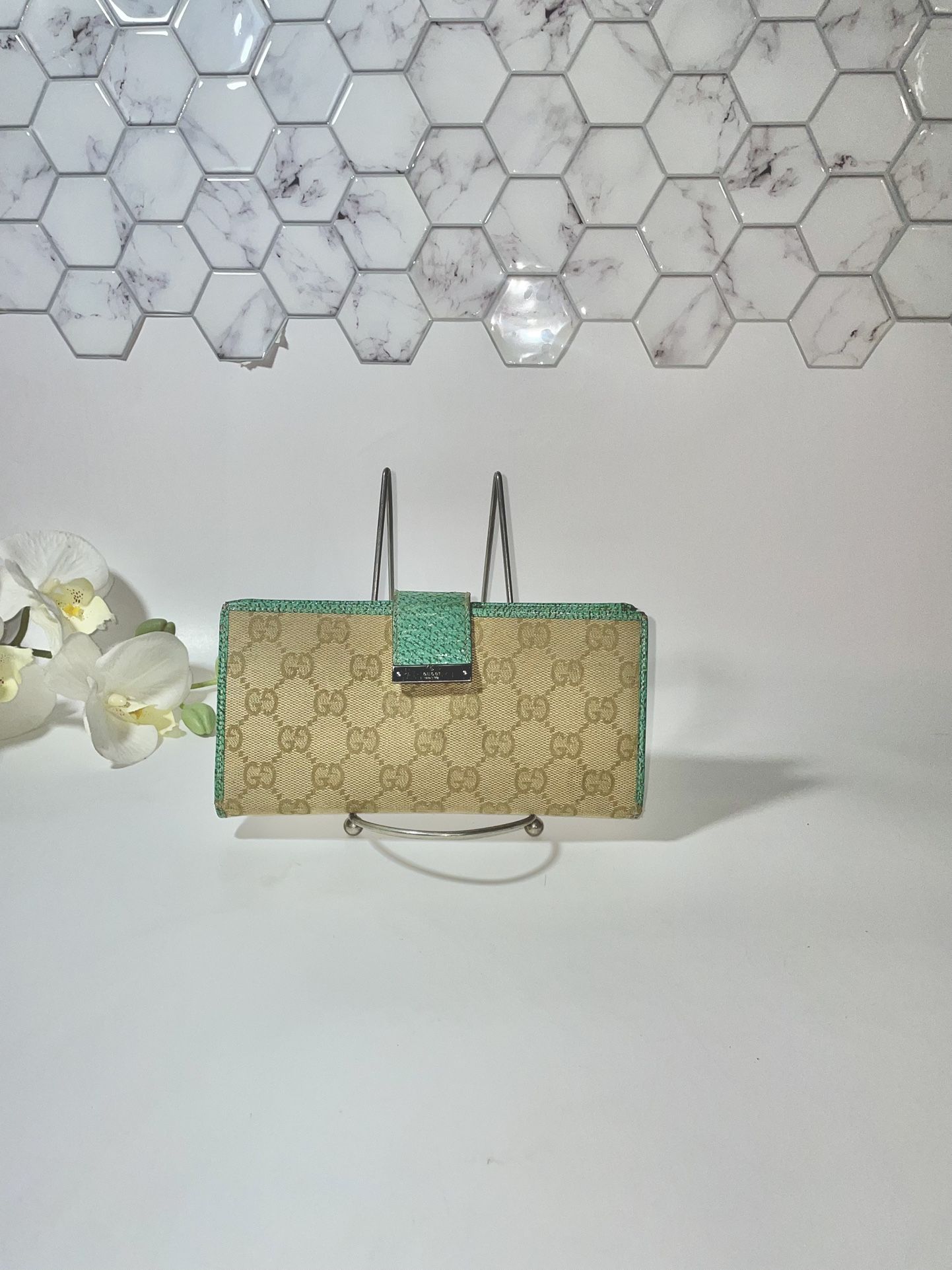 Authentic Gucci GG Canvas & Green Leather Continental Wallet