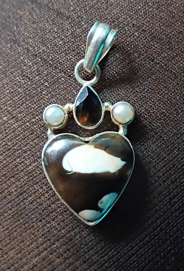 Silver,Pearl,Topaz&Jasper Heart Pendant