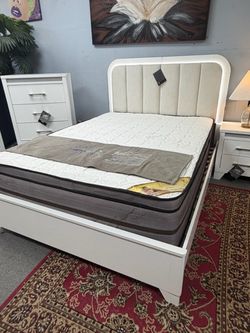 White Upholstered Bed Frame with LED Headboard