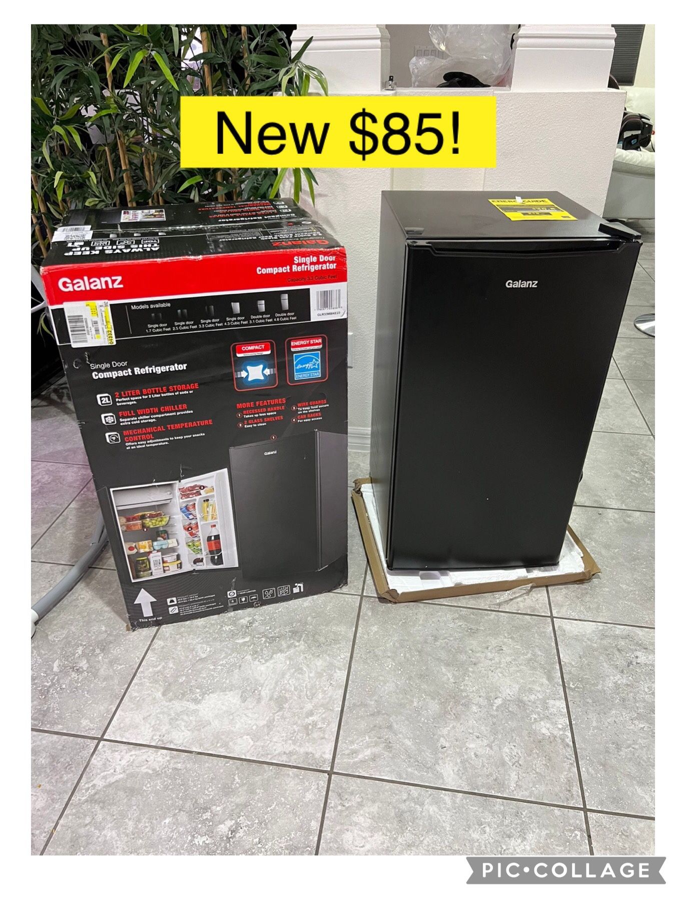 New $85! Galanz 3.3 Cu ft One Door Mini Fridge / Mini refrigerador Nuevo