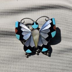 Native American Zuni Turquoise Inlay Butterfly Brooch