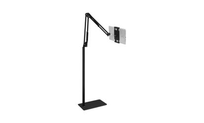 Tablet floor stand with heavy metal base, adjustable overhead bed mount