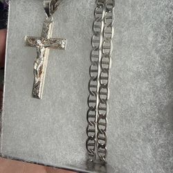 24 inch Silver mariner chain & nugget cross pendant
