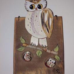 Owl Wood Art wall hanging hand painted room decor animal wildlife