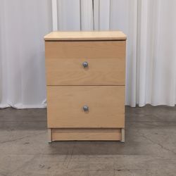 Light Wood Two-Drawer Nightstand with Metal Knobs