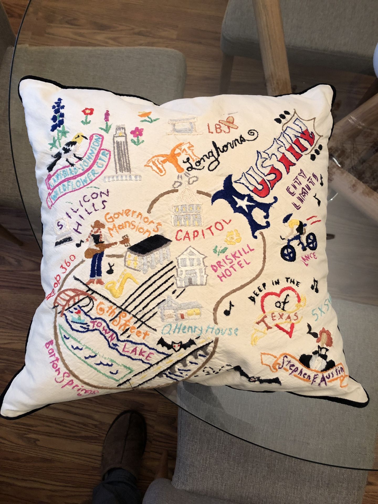 Hand embroidered cat studio Austin pillow!
