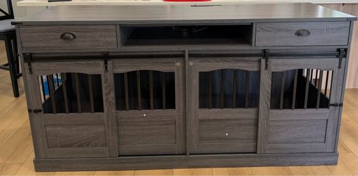 Large Wooden Dog Crate Furniture with Sliding Barn Doors, Drawers & Built-In Power Outlet