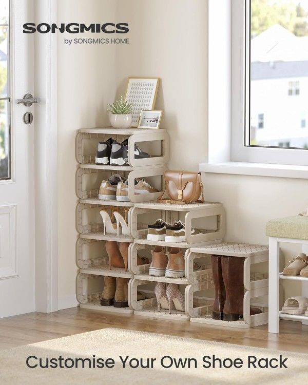 Shoe Rack, Shoe Storage, 10 Compartments, Shoe Organiser, Narrow Shoe Shelf, Open Shelf for Hallway, Living Room, Bathroom, Space-Saving, Cappuccino B