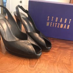 Stuart Weitzman Size 8.5N Black Indian Crocodile Leather Slingback Heels