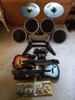 Xbox 360 Rock Band Guitar Hero Set Guitars Drums Games console