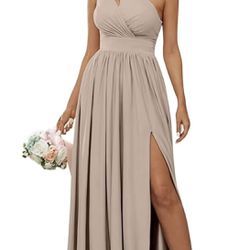 Women's One Shoulder Bridesmaid Dress with Slit Long Pleated Chiffon Prom Gown