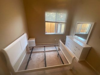 Four Pc Set...Queen White Wooden Bed with Dresser, Mirror, Nightstand