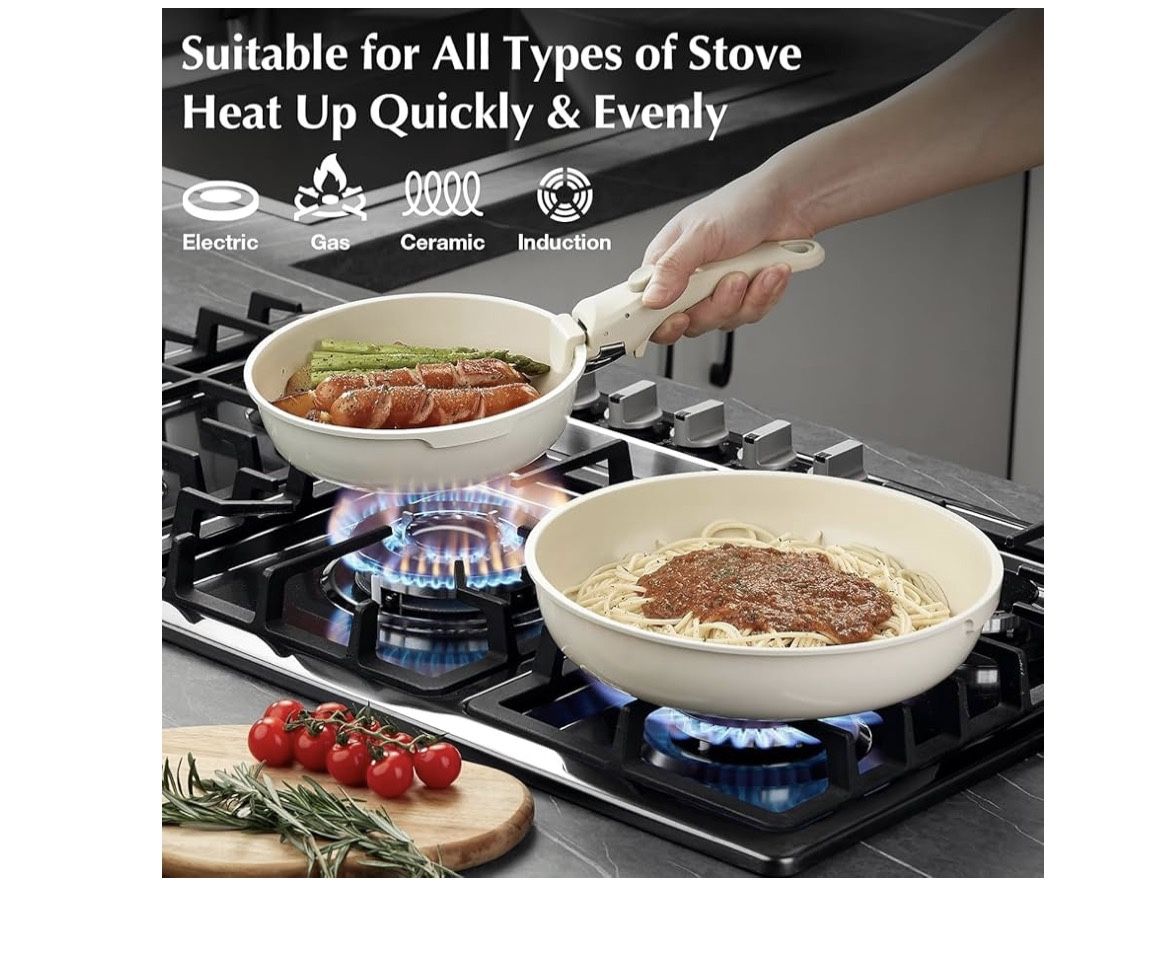 White Non-Stick Ceramic Cookware Set, 5-Piece Pots and Pans Set with Detachable Handles, Perfect for Everyday Cooking, RV Camping, and Compact Kitchen