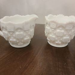 Vintage Westmoreland Milk Glass Quilted Hob Star Cream and Sugar Set