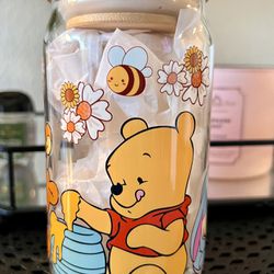 Disney Pooh Bear Glass Libbey Cup With Glass Straw 