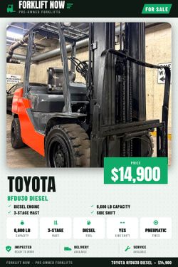 DIESEL TOYOTA 8FDU30 forklift for sale,6600 lb, 3 stage, side shift