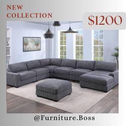 -Gray Sectional Sofa- Extra Large Seating Soft Corduroy Fabric
