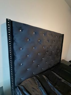 Black Upholstered Bed Frame with Wingback Headboard – Queen Size