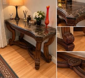 Marble Top Console Table with Carved Wood Base