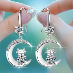 Fashion 4A Zircon Diamond Cute Moon Cow Dangle Earrings.